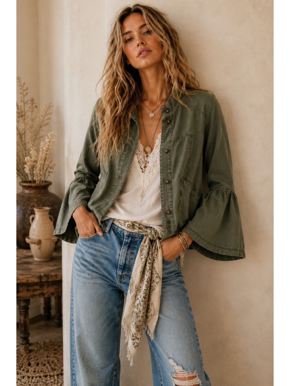 Anthropologie Olive Linen Blend Funnel Neck Utility Jacket Bell Sleeve Medium - Picture 2 of 15
